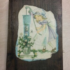 3/$32 VTG 70s Real Wood Wall Hanging Plaque/Holly Hobbie Girl Shabby Decoupage